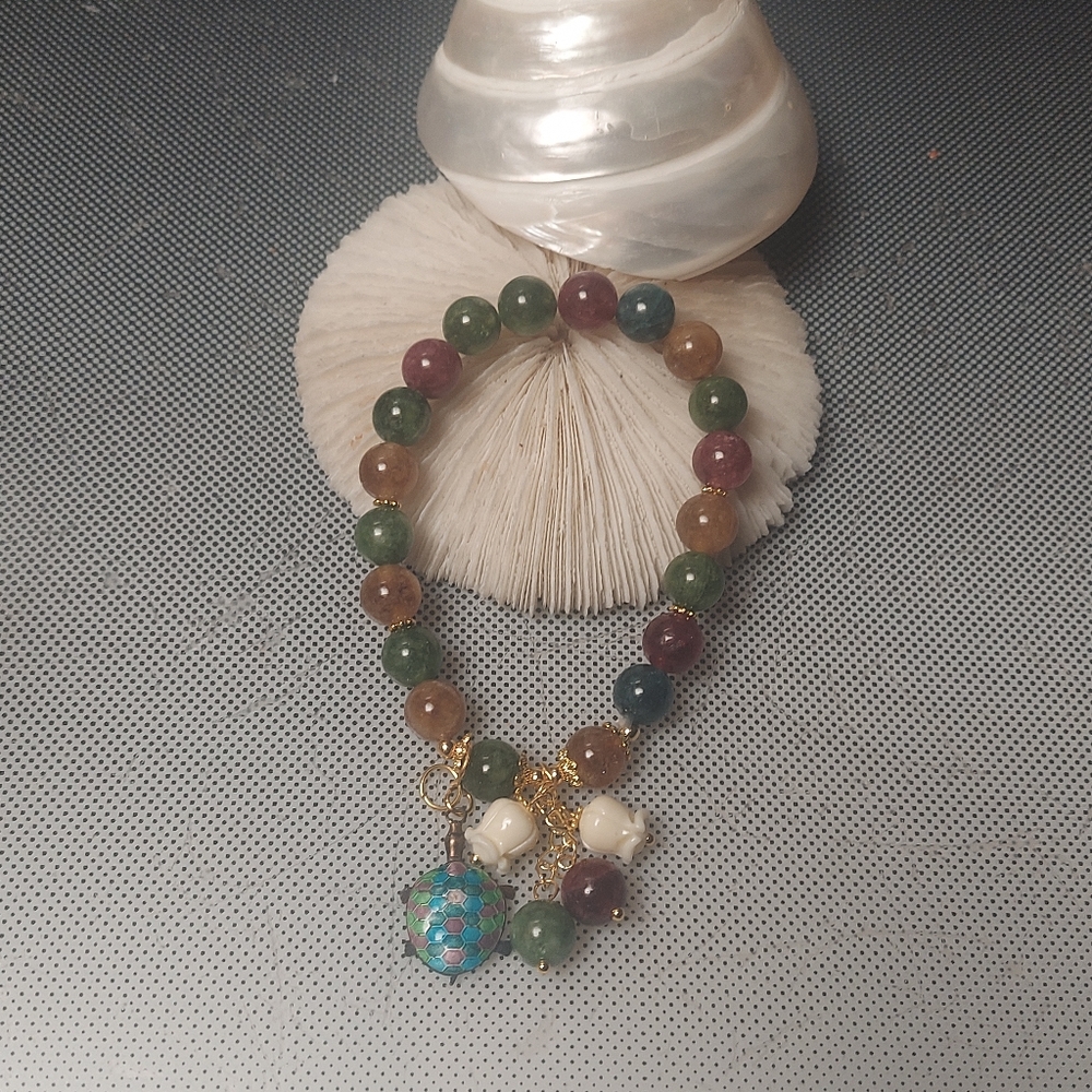 Money Magnet Lucky enamel turtle pikake flowers colorful Jade beads bracelet